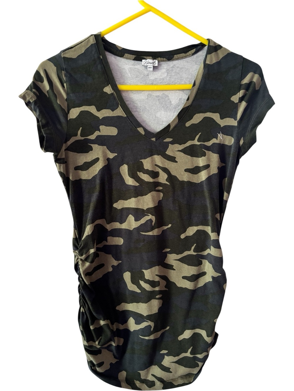 KISMET Cap Sleeve Ruched Long Abstract Print V-Neck Top Olive Camo